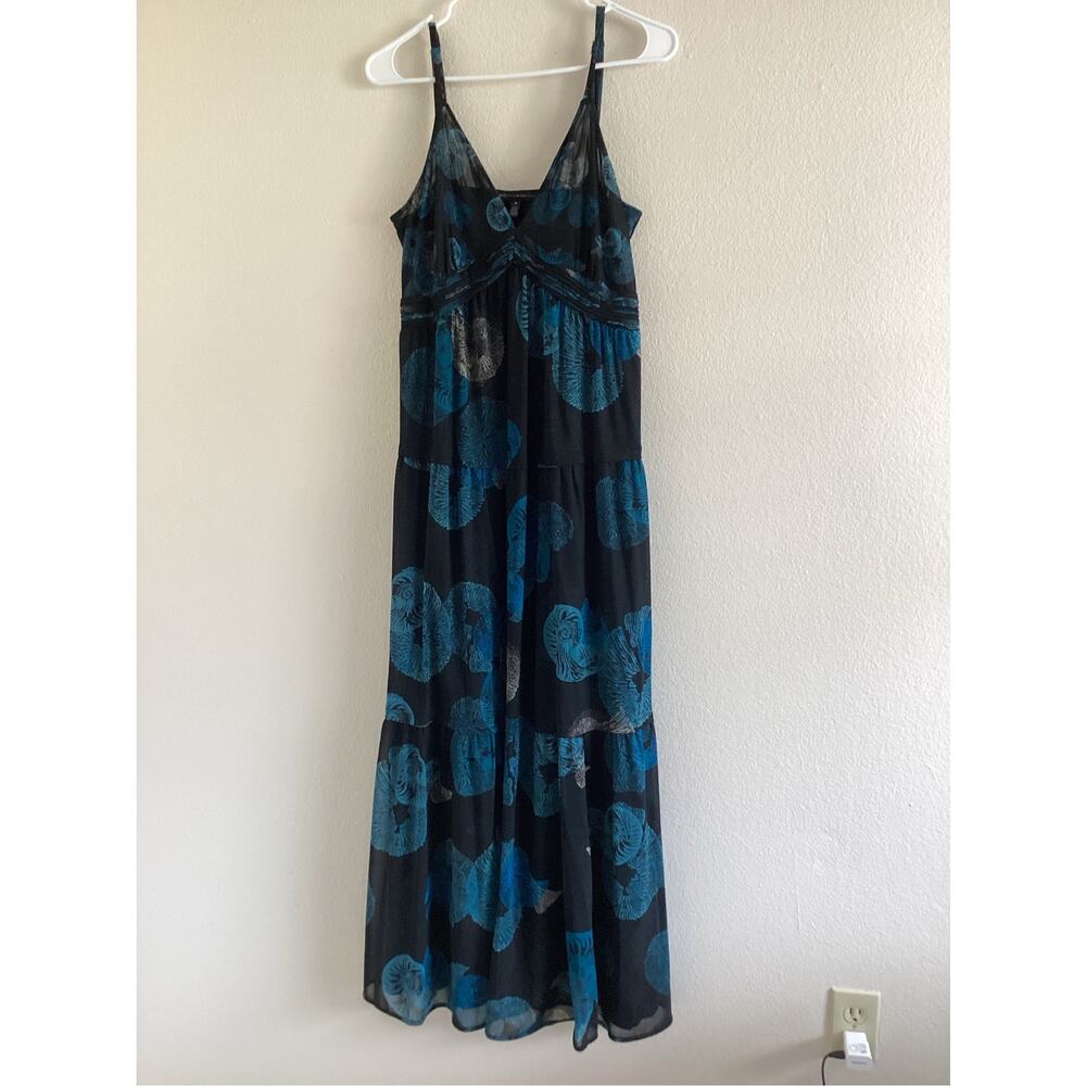 White House Black Market Maxi Dress Blue Black Floral Mesh Size M Boho